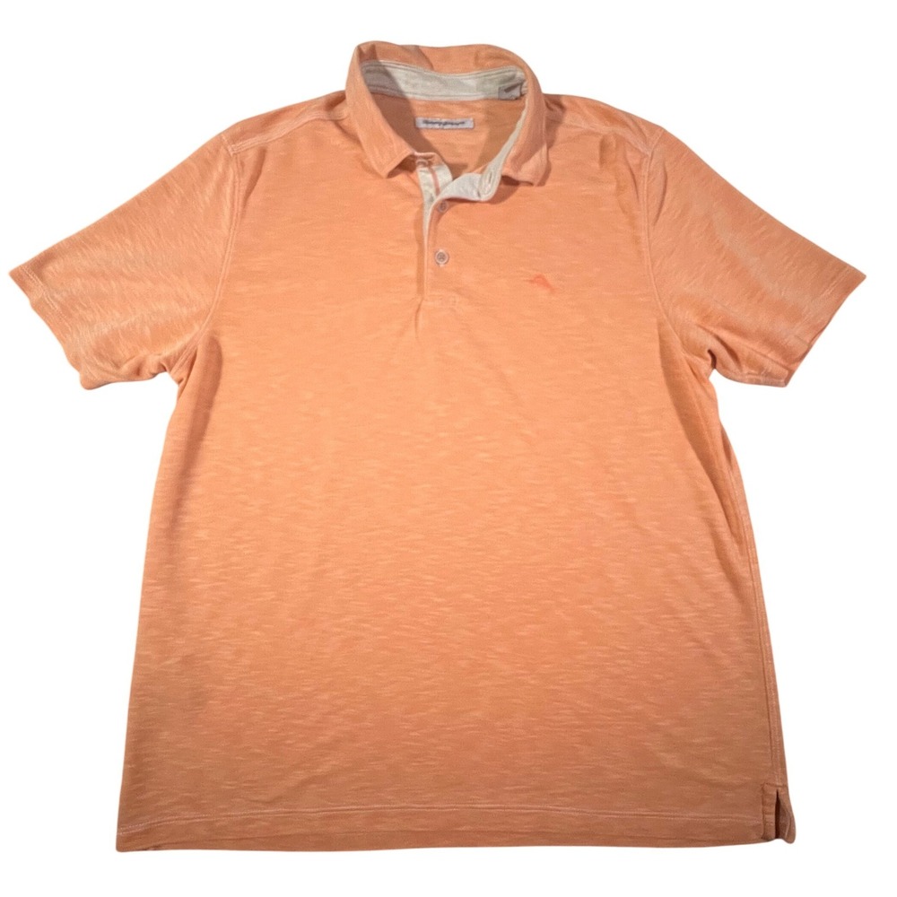 Tommy Bahama Polo‎ Shirt Mens Large Orange Slub Tencel Modal Short Sleeve Casual